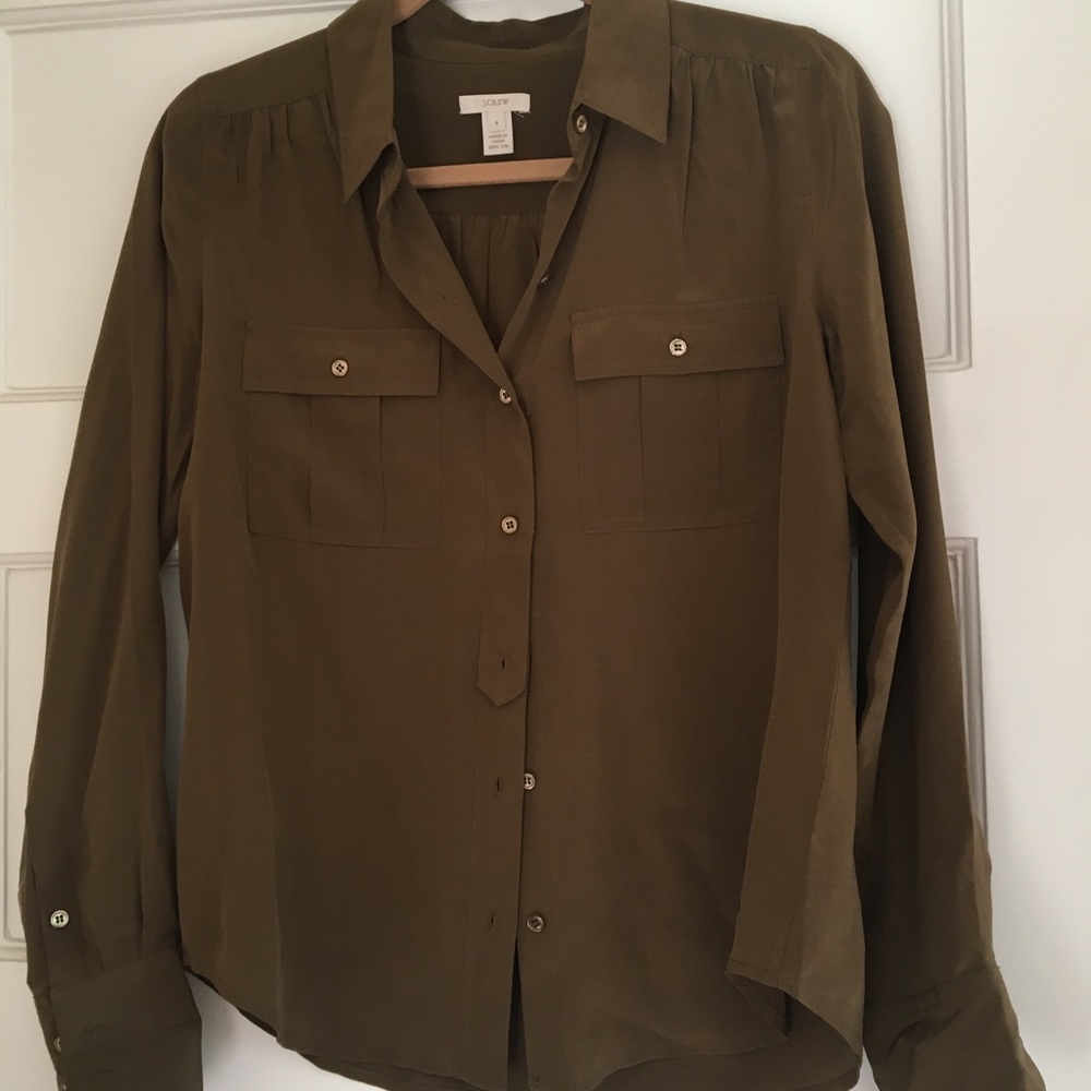 J Crew Khaki Olive Button Up Silk Blythe Blouse
